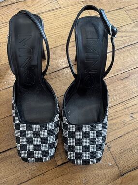 Mango Black and White Rhinestone Check Slingback Heels